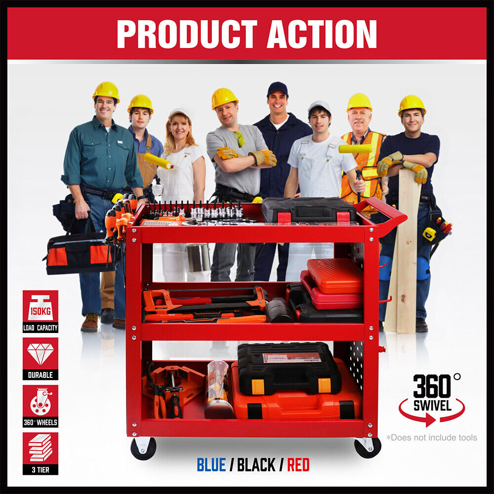 Utility Trolleys: 3-Tier Heavy Duty Steel Tool Trolley - Workshop Cart with Pegboard, Hooks and Locking Swivel Casters