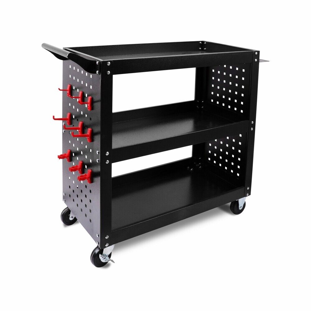 Utility Trolleys: 3-Tier Heavy Duty Steel Tool Trolley - Workshop Cart with Pegboard, Hooks and Locking Swivel Casters