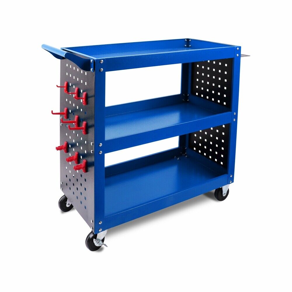 Utility Trolleys: 3-Tier Heavy Duty Steel Tool Trolley - Workshop Cart with Pegboard, Hooks and Locking Swivel Casters