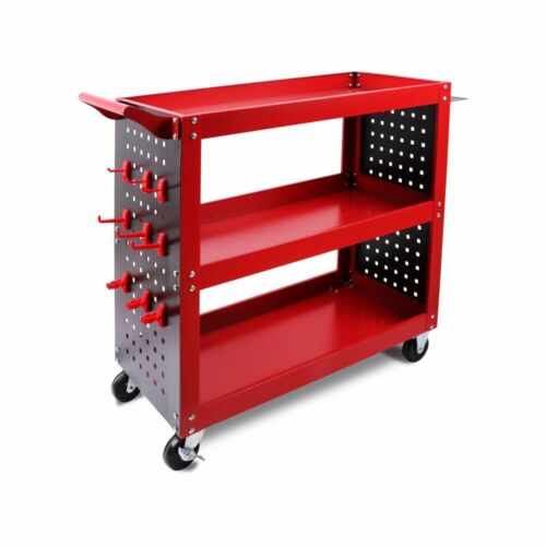 Utility Trolleys: 3-Tier Heavy Duty Steel Tool Trolley - Workshop Cart with Pegboard, Hooks and Locking Swivel Casters