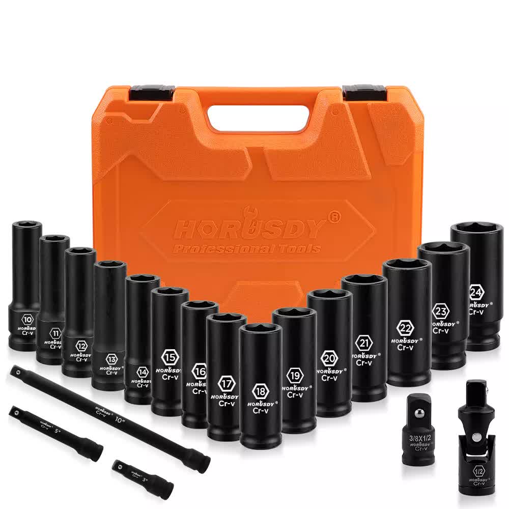 Automotive Repair & Speciality Tools: 19Pc Deep Socket Set Impact 1/2" Drive Extension Bars Flexible Adapter 10-24mm