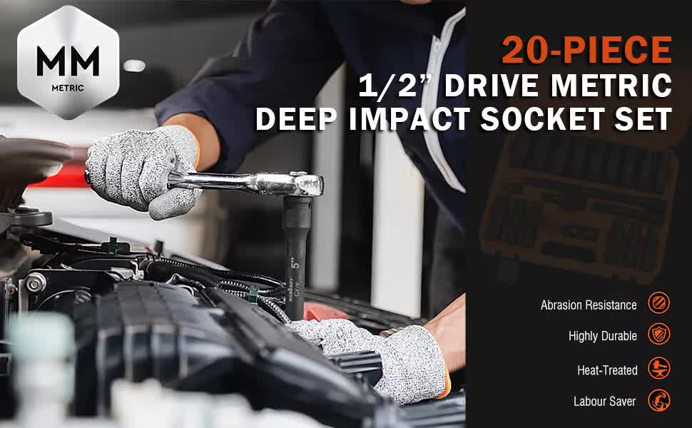 Automotive Repair & Speciality Tools: 19Pc Deep Socket Set Impact 1/2" Drive Extension Bars Flexible Adapter 10-24mm