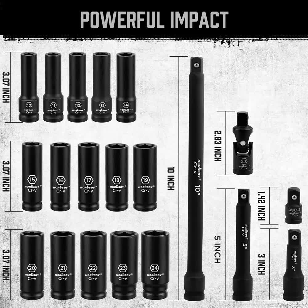 Automotive Repair & Speciality Tools: 19Pc Deep Socket Set Impact 1/2" Drive Extension Bars Flexible Adapter 10-24mm