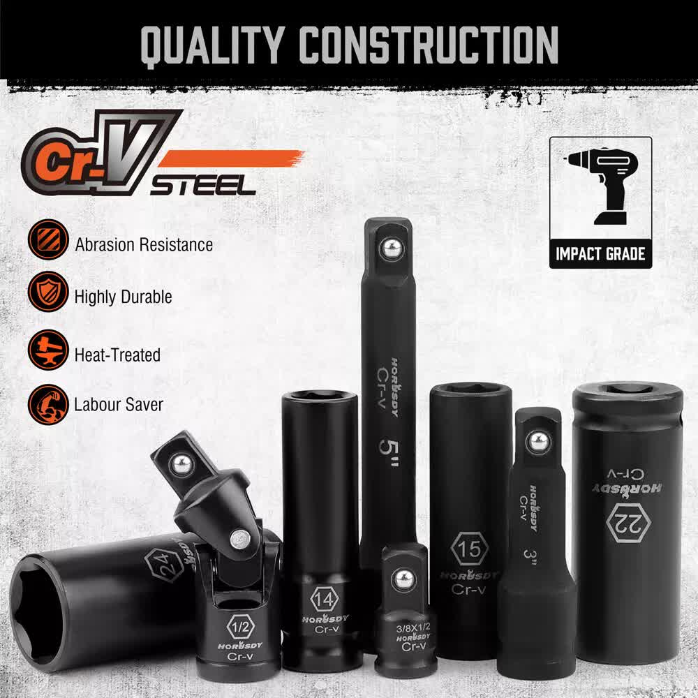 Automotive Repair & Speciality Tools: 19Pc Deep Socket Set Impact 1/2" Drive Extension Bars Flexible Adapter 10-24mm
