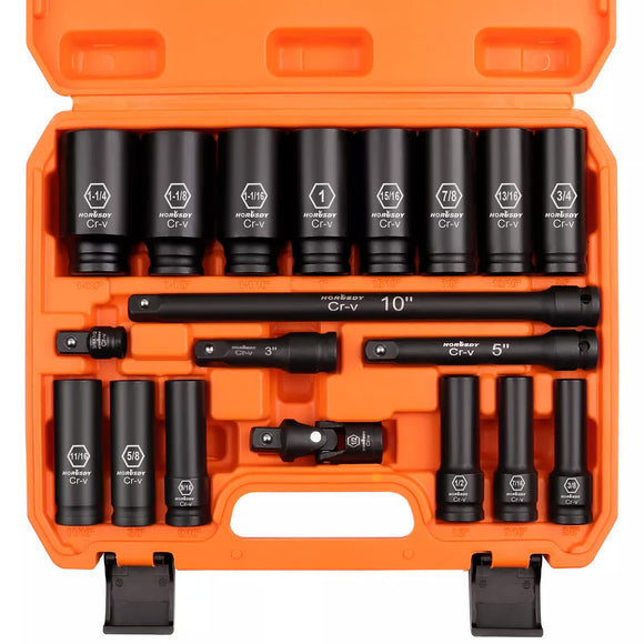 18Pc Deep Impact Socket Set Imperial / SAE Extension Flexible Adaptor 1/2