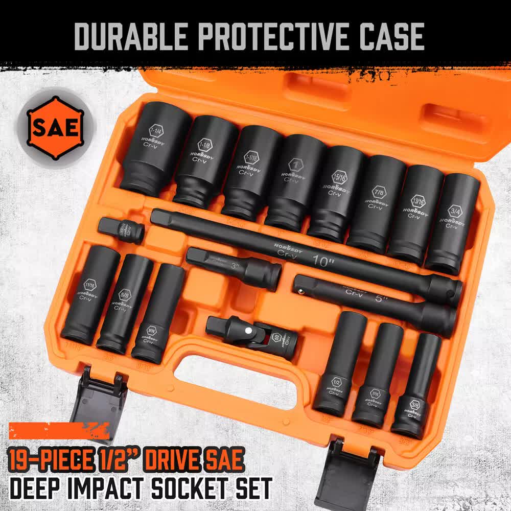 Tool Sockets: 18Pc Deep Impact Socket Set Imperial / SAE Extension Flexible Adaptor 1/2" Drive