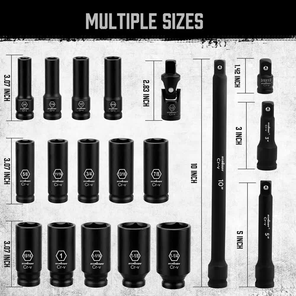 Tool Sockets: 18Pc Deep Impact Socket Set Imperial / SAE Extension Flexible Adaptor 1/2" Drive
