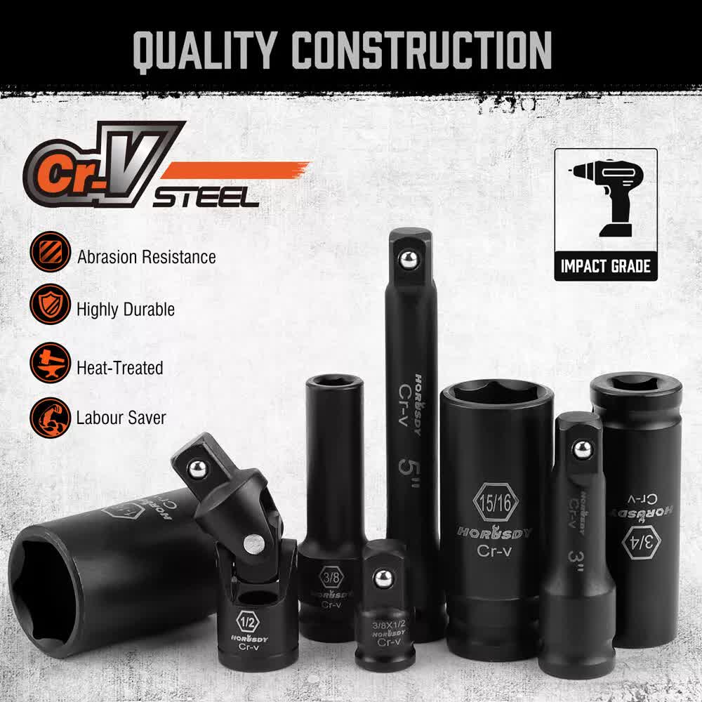 Tool Sockets: 18Pc Deep Impact Socket Set Imperial / SAE Extension Flexible Adaptor 1/2" Drive