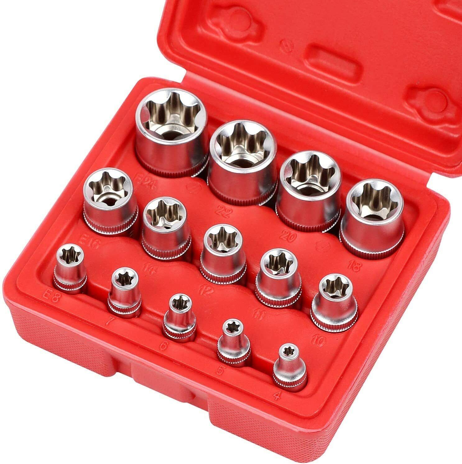 Drill & Screwdriver Accessories: 14Pc E Torx Socket Set Female Start Bit External Hex Torque E4-E24 With Case