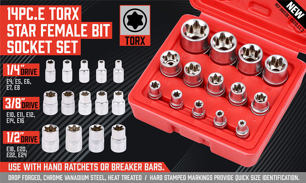 Drill & Screwdriver Accessories: 14Pc E Torx Socket Set Female Start Bit External Hex Torque E4-E24 With Case