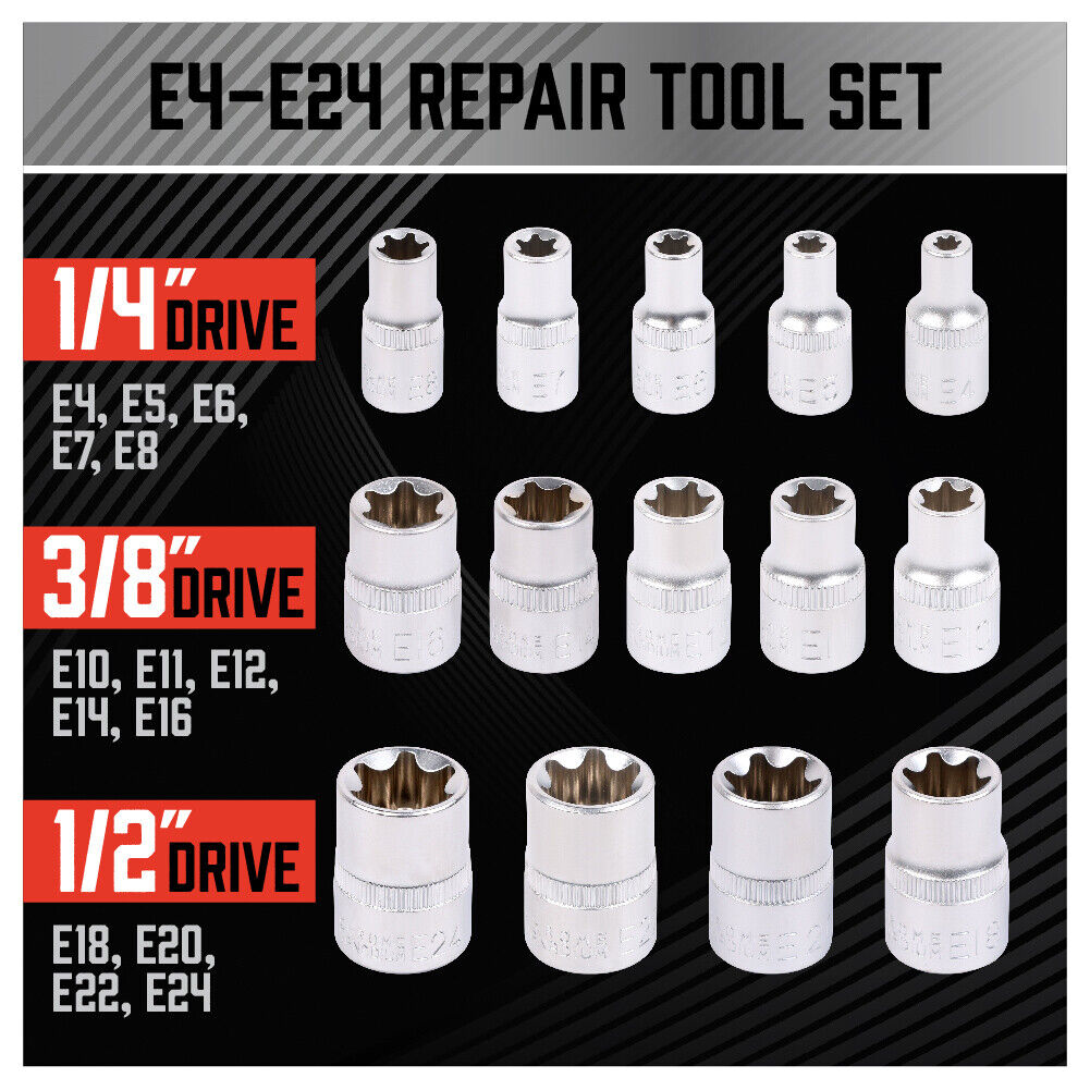 Drill & Screwdriver Accessories: 14Pc E Torx Socket Set Female Start Bit External Hex Torque E4-E24 With Case