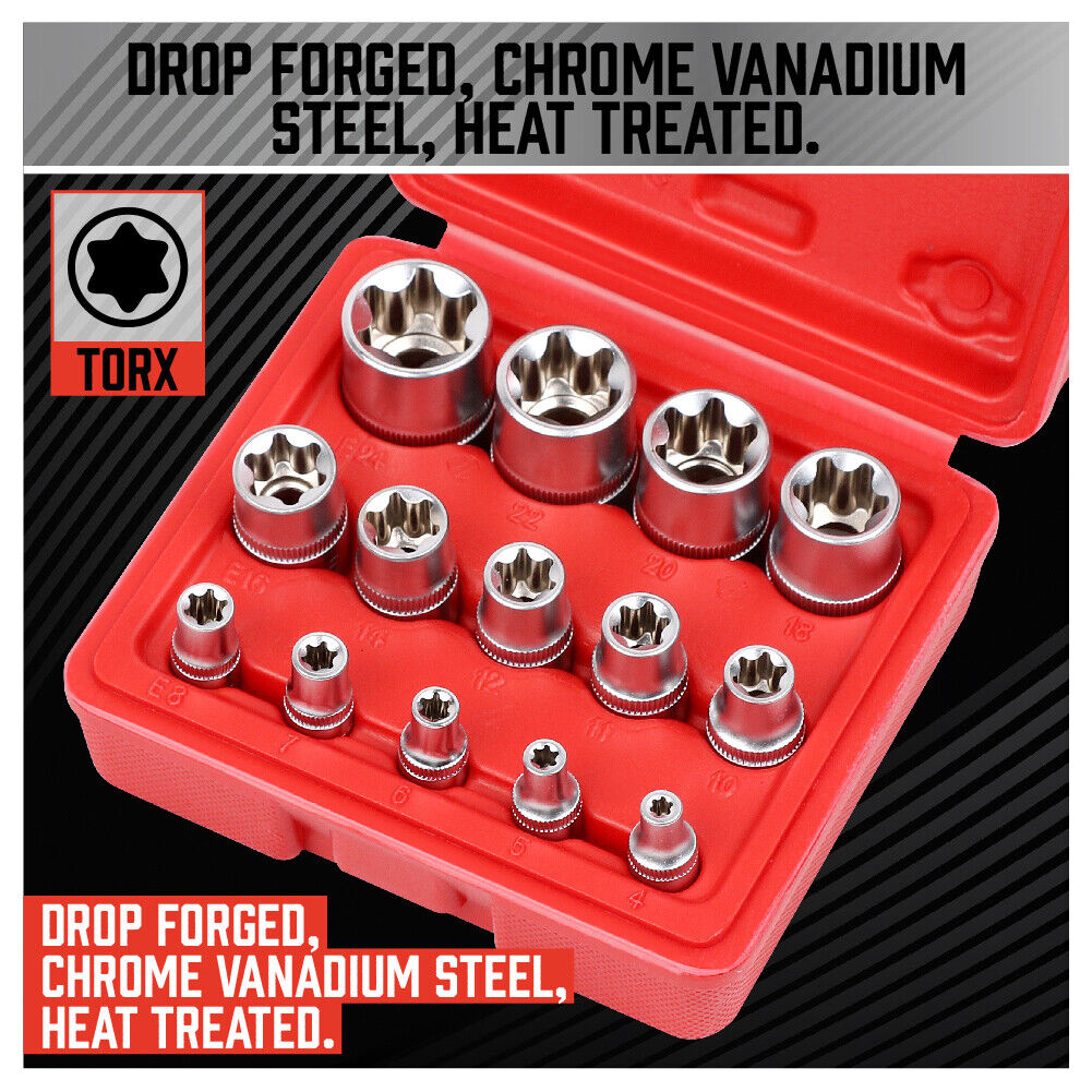 Drill & Screwdriver Accessories: 14Pc E Torx Socket Set Female Start Bit External Hex Torque E4-E24 With Case