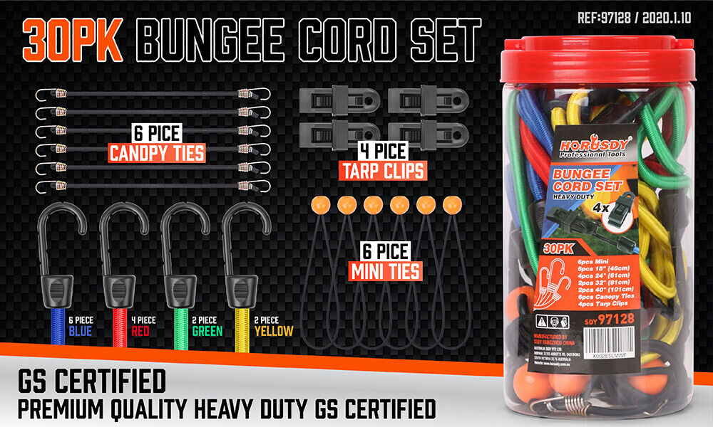 Automotive Repair & Speciality Tools: 30-Piece Premium Bungee Cord Assortment Includes 10” to 40” Bungee Cords, Canopy Ties & Tarp Clips