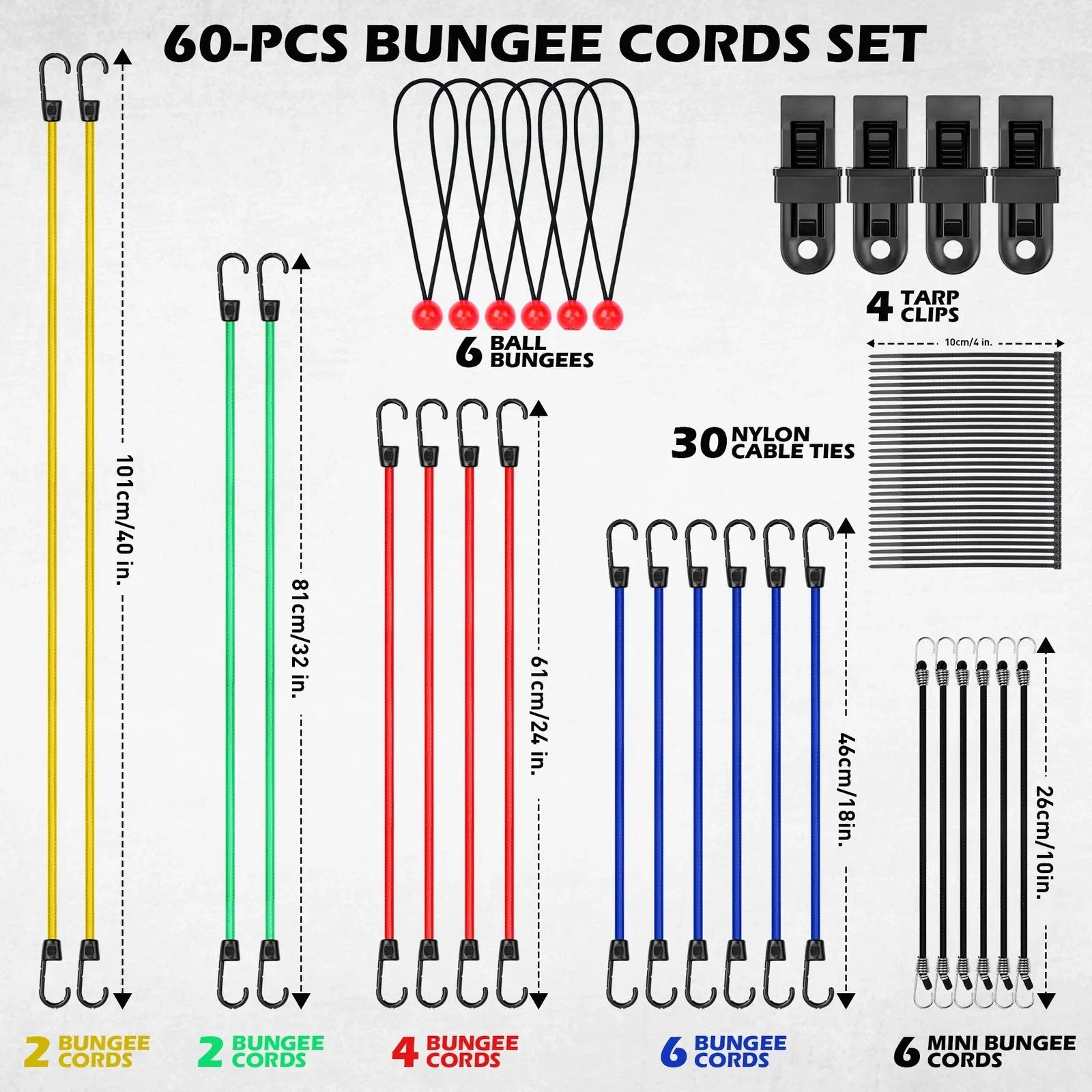 SEDY 60Pcs Bungee Cords Set Heavy Duty Tie Down Straps Camping Moving w/ Hooks