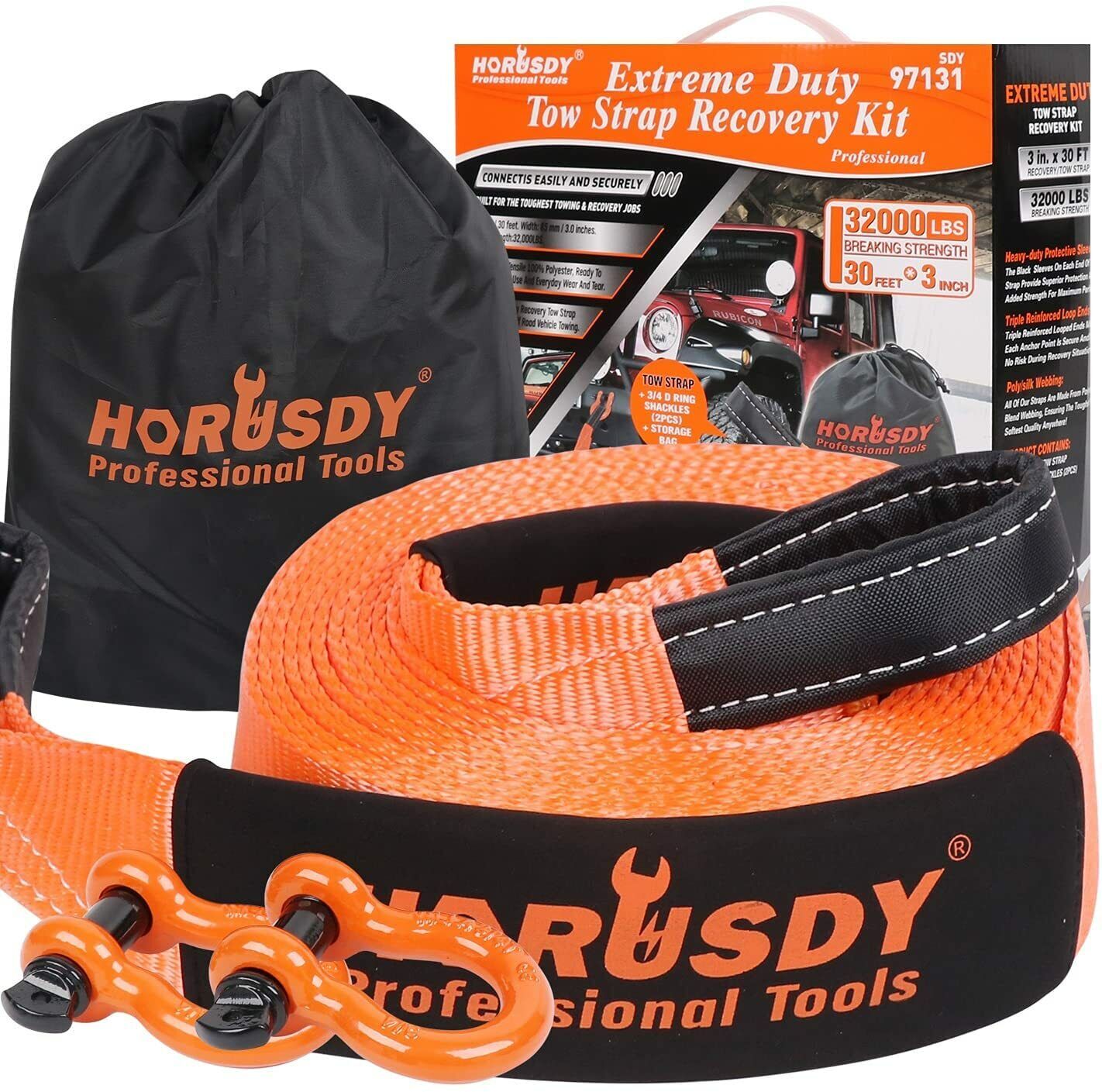 Bicycle Stands & Storage: Heavy Duty 9.1M Recovery Tow Straps Snatch Kit - 32,000 LBS Break Strength with D-Ring Shackles for Off-Roading Recovery and Hauling