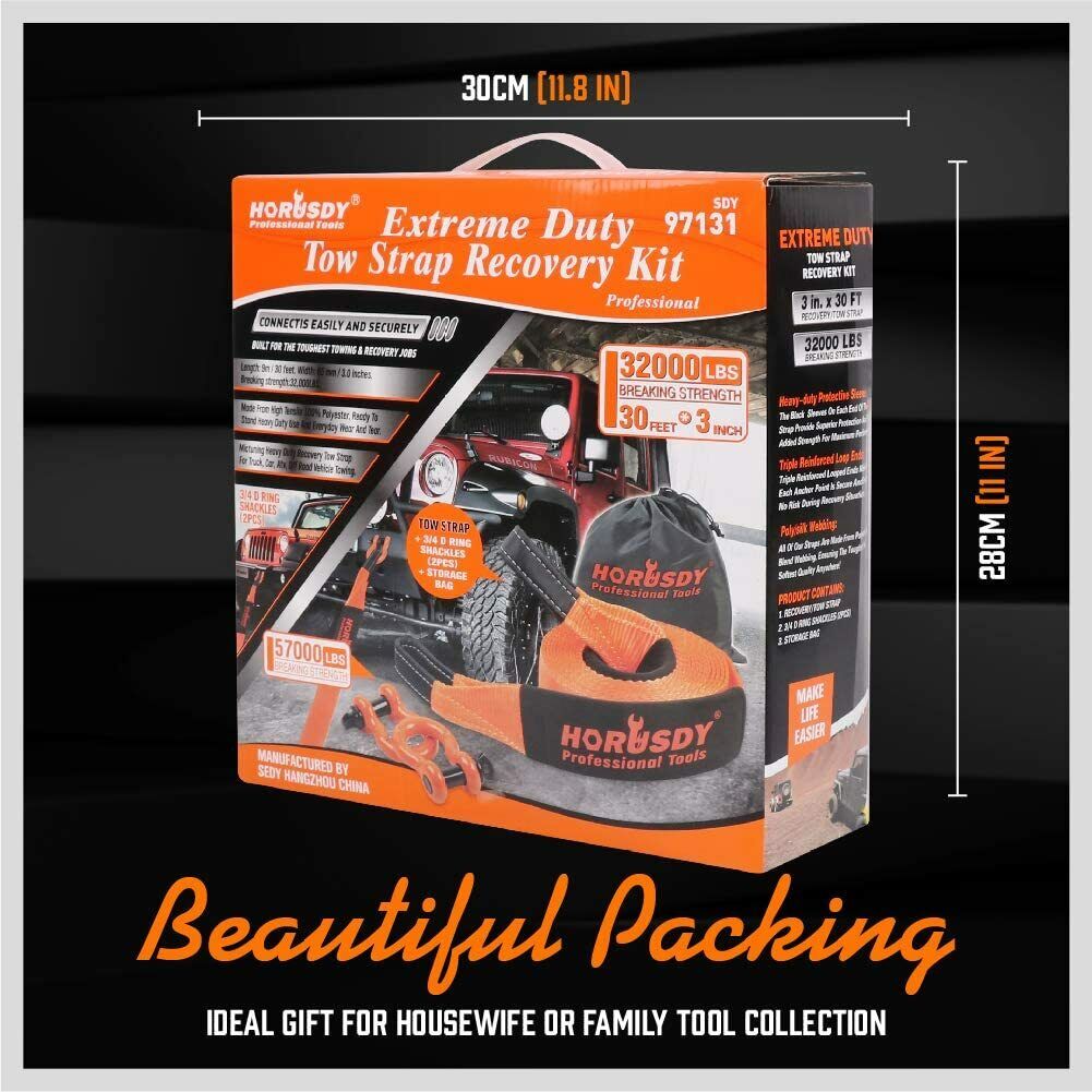 Bicycle Stands & Storage: Heavy Duty 9.1M Recovery Tow Straps Snatch Kit - 32,000 LBS Break Strength with D-Ring Shackles for Off-Roading Recovery and Hauling