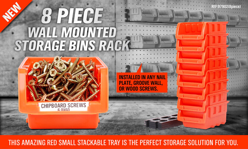 Wall Storage Racks: NEW 8 PC Wall Mounted Storage Bins Rack Set Nuts Bolts Organizer Parts 97903