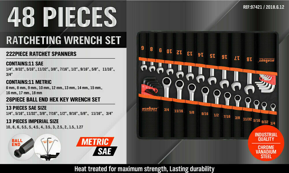 Fence & Gate Accessories: 48Pc Spanner Set Ratchet Wrench & Hex Key Metric SAE Allen Key W/T Rolling Pouch