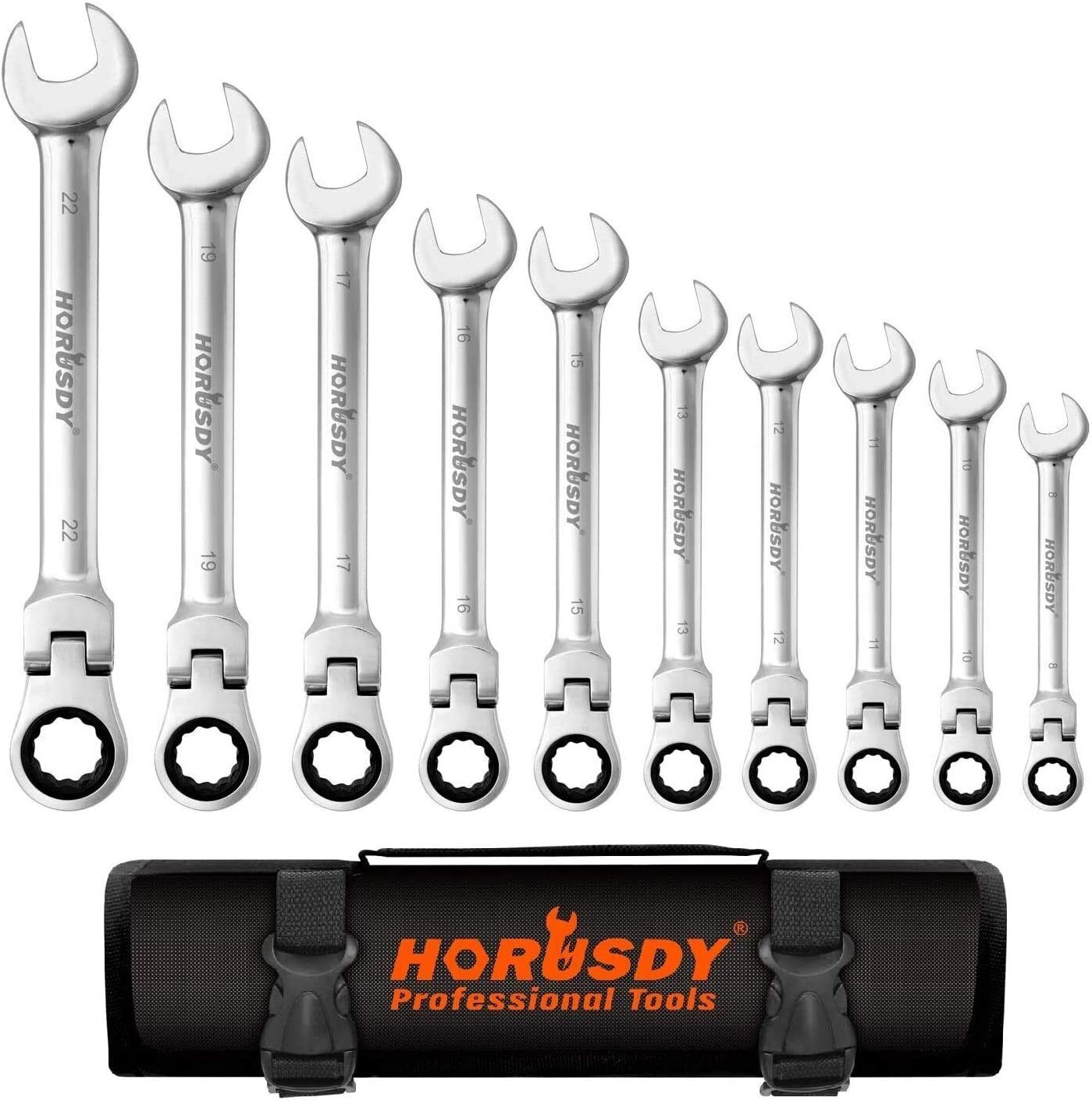 Hand Tools: 10Pc Flexible Head Ratchet Spanner Set Metric Wrench CRV With Carry Pouch 8-22MM