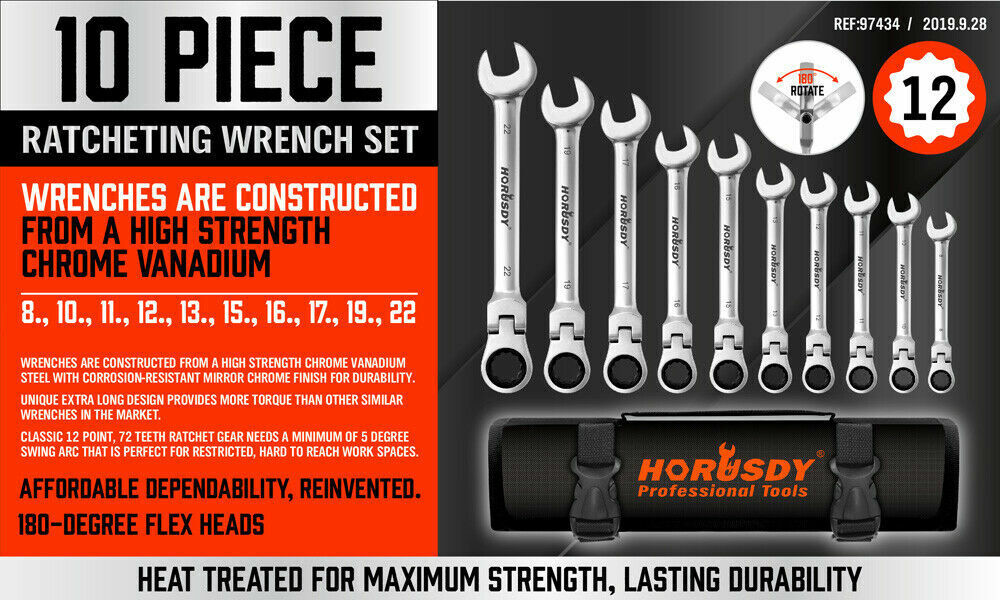 Hand Tools: 10Pc Flexible Head Ratchet Spanner Set Metric Wrench CRV With Carry Pouch 8-22MM