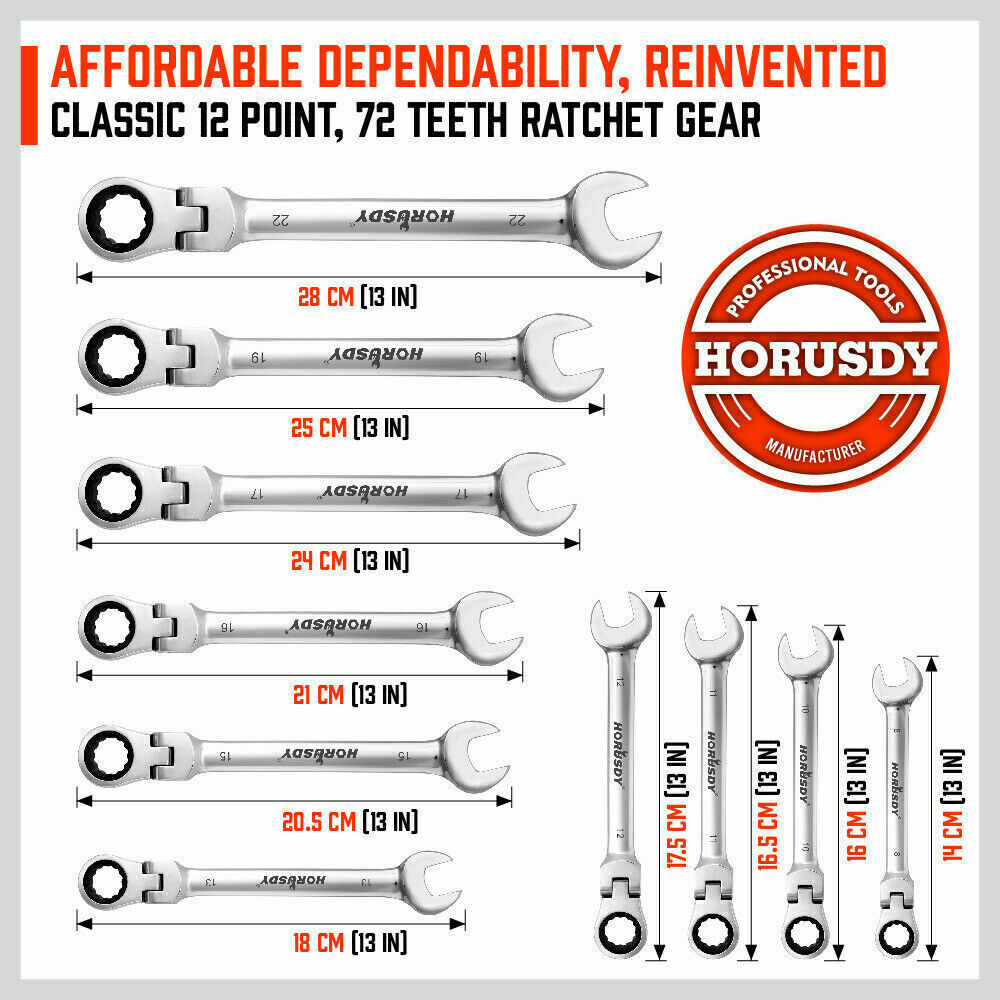 Hand Tools: 10Pc Flexible Head Ratchet Spanner Set Metric Wrench CRV With Carry Pouch 8-22MM