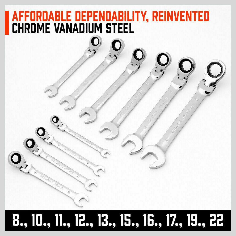 Hand Tools: 10Pc Flexible Head Ratchet Spanner Set Metric Wrench CRV With Carry Pouch 8-22MM