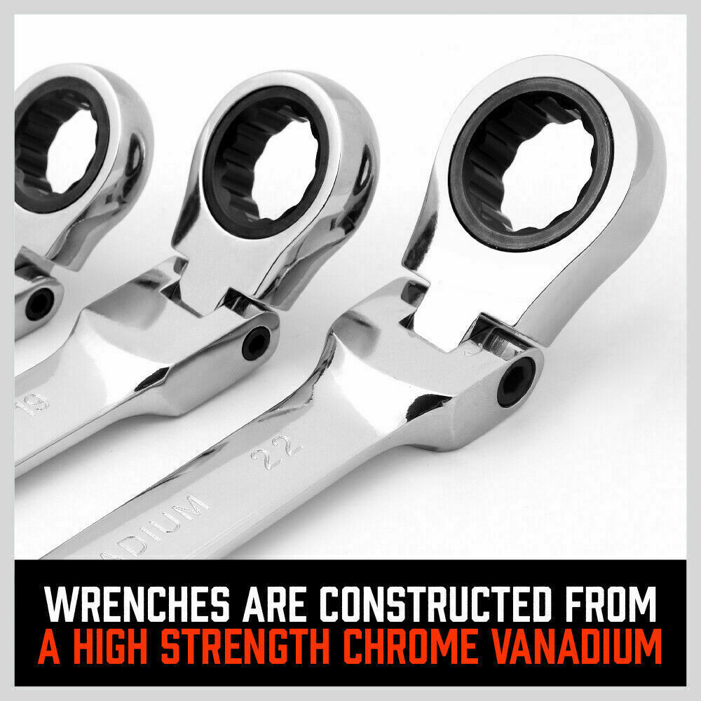 Hand Tools: 10Pc Flexible Head Ratchet Spanner Set Metric Wrench CRV With Carry Pouch 8-22MM