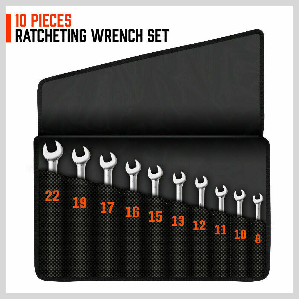 Hand Tools: 10Pc Flexible Head Ratchet Spanner Set Metric Wrench CRV With Carry Pouch 8-22MM
