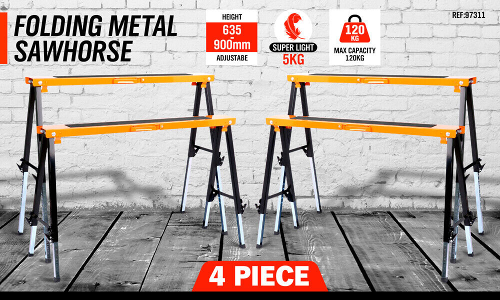Kitchen & Bathroom DIY: 4Pc Mastercraft Sawhorse Metal Folding Non-slip Surface Saw Horse 120KG Capacity
