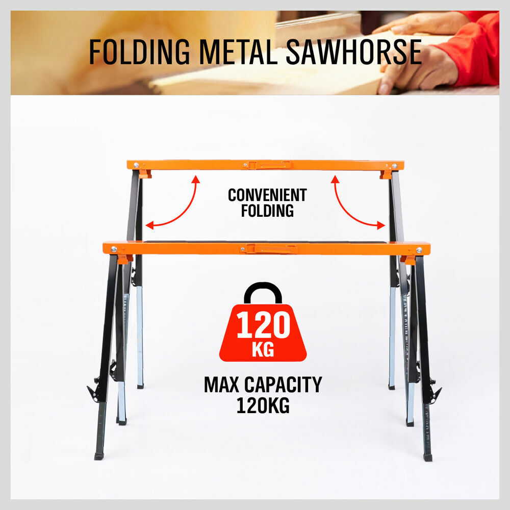 Kitchen & Bathroom DIY: 4Pc Mastercraft Sawhorse Metal Folding Non-slip Surface Saw Horse 120KG Capacity
