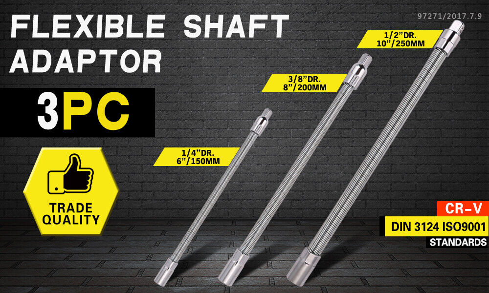 Tool Sockets: 3PC Flexible Socket Extension Bars Shaft Set 1/2" 1/4" 3/8" Drive 10" 8" 6" Long