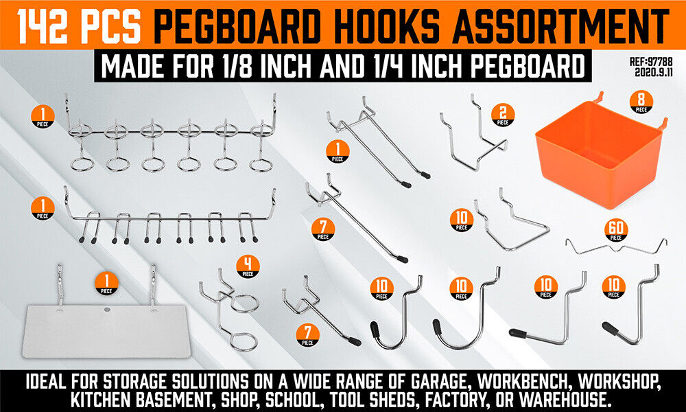 Bicycle Stands & Storage: 142Pc Pegboard Hooks Set Peg board Hanger Assortment Storage Trays Organizer Bin