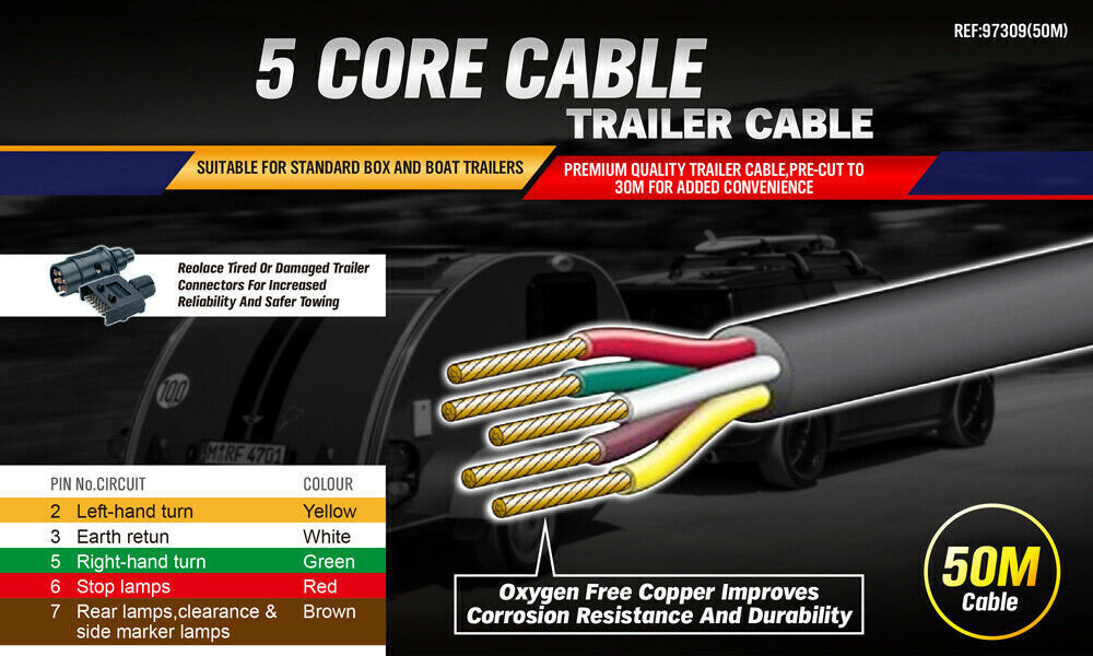 Automotive Repair & Speciality Tools: 50M x 5 Core Wire Cable Trailer Cable Automotive Boat Caravan Truck Coil V90 PVC