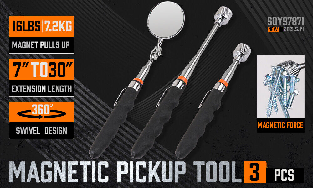 Power & Electrical Supplies: 3Pc Magnetic Pick Up Tool & Swivel Inspection Mirror Telescoping Rod Heavy Duty