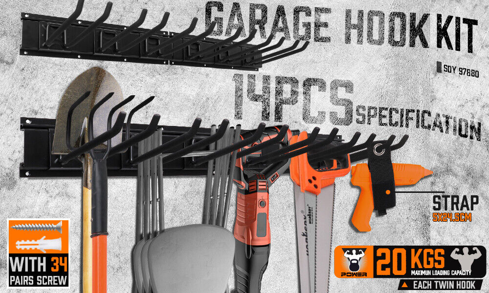 Bicycle Stands & Storage: Wall Mounted Hook Rail Set Bike Holder Garden Tool Storage Rack Garage Organizer