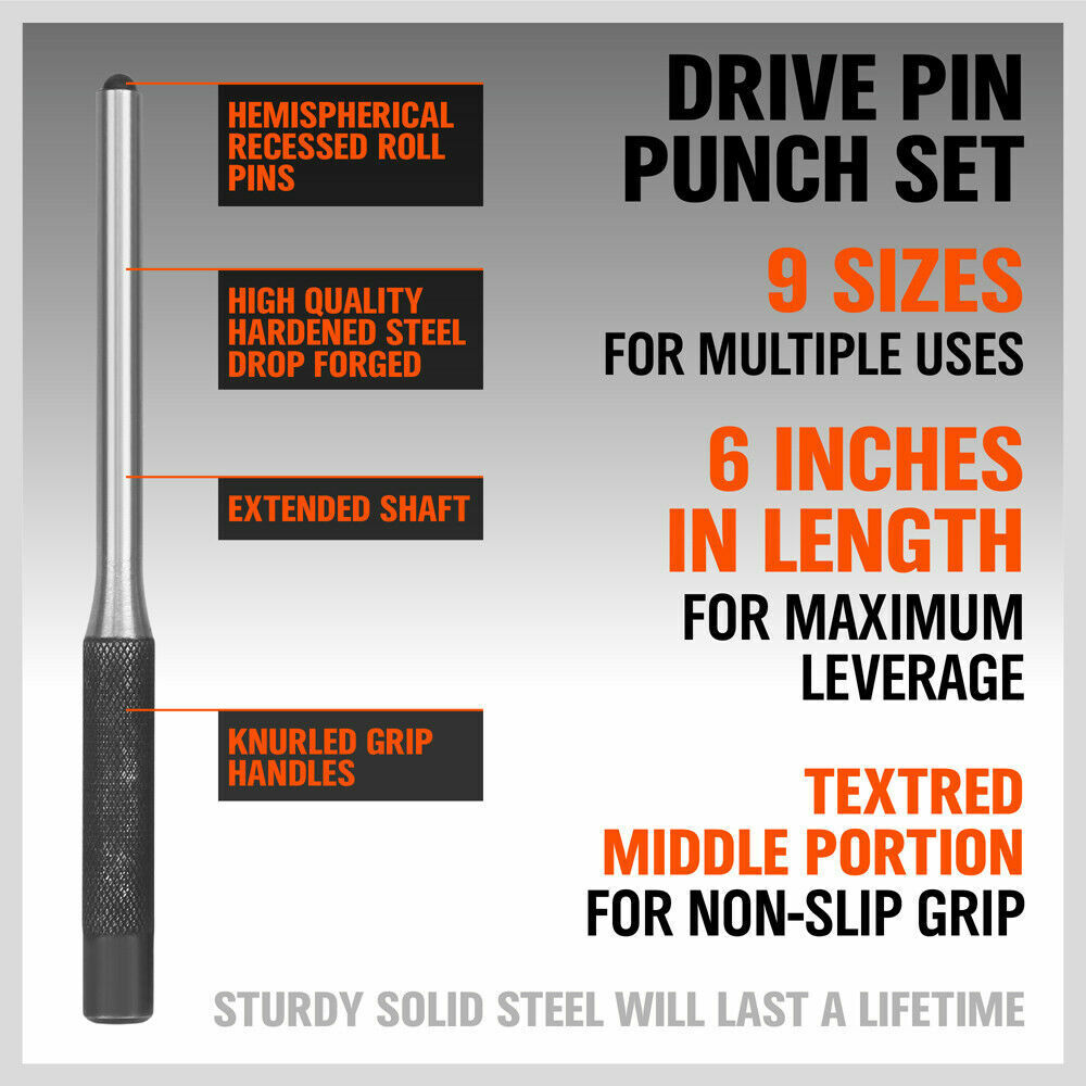Hand Tools: 9Pc Roll Pin Punch Set Bolt Catch Gun Building Removing Repair Tool Canvas Pouch