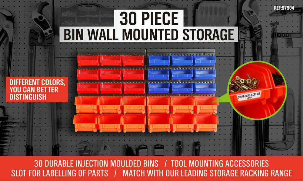 Pedal Bins: 30 Bins Tool Storage Wall Mounted Organiser Parts Garage Workshop Box Heavy Duty