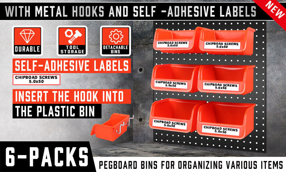Audio Accessories: 6Pc Pegboard Bins Peg Board Parts Storage With Steel Hooks Tools Organiser Tray