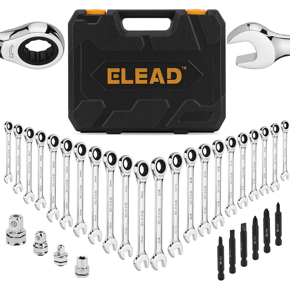 Drill & Screwdriver Accessories: ELEAD 33Pcs Ratchet Wrench Set SAE Metric Wrench Phillips Slotted Bits Adapter