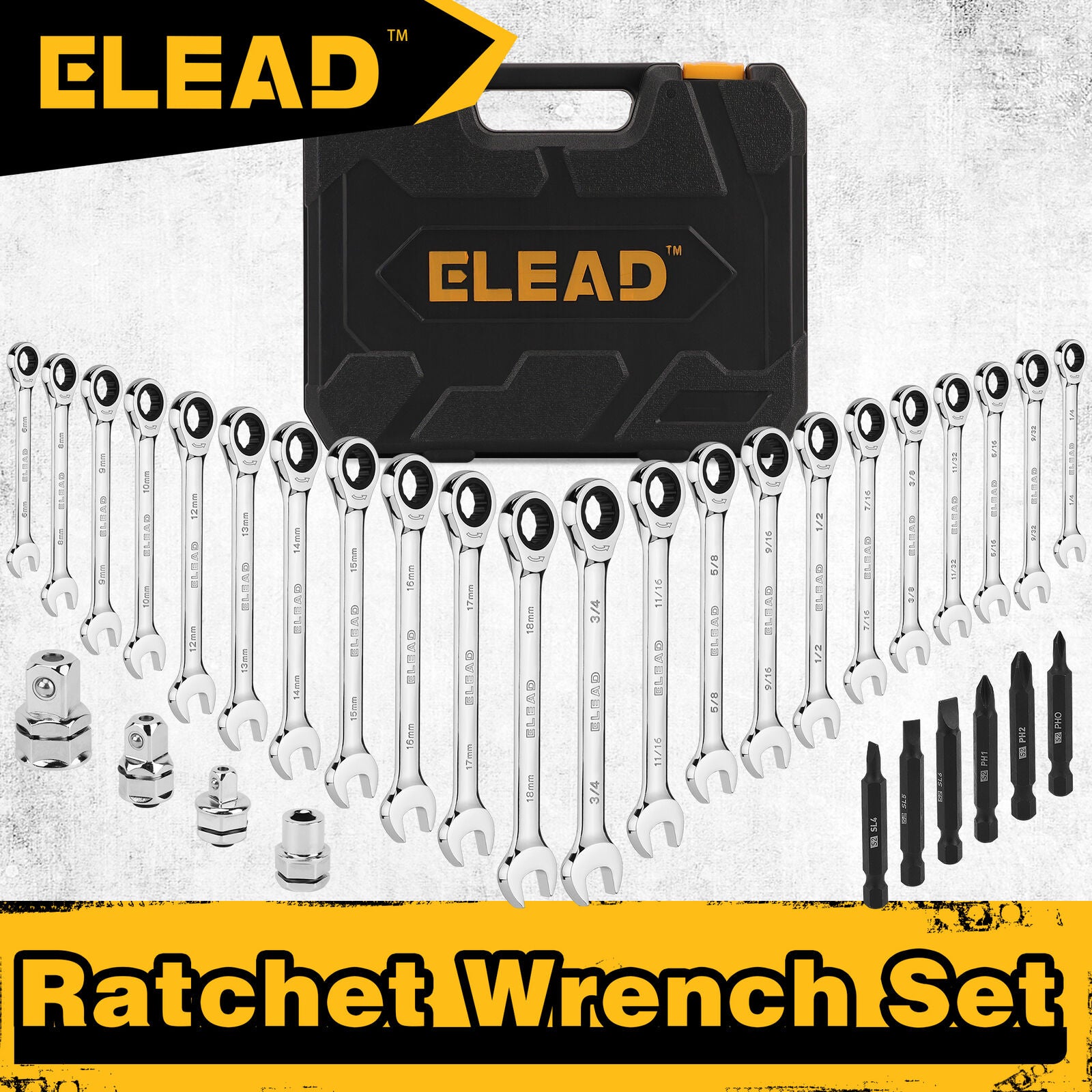 Drill & Screwdriver Accessories: ELEAD 33Pcs Ratchet Wrench Set SAE Metric Wrench Phillips Slotted Bits Adapter