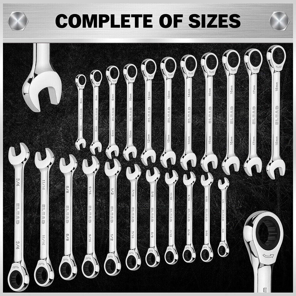 Drill & Screwdriver Accessories: ELEAD 33Pcs Ratchet Wrench Set SAE Metric Wrench Phillips Slotted Bits Adapter