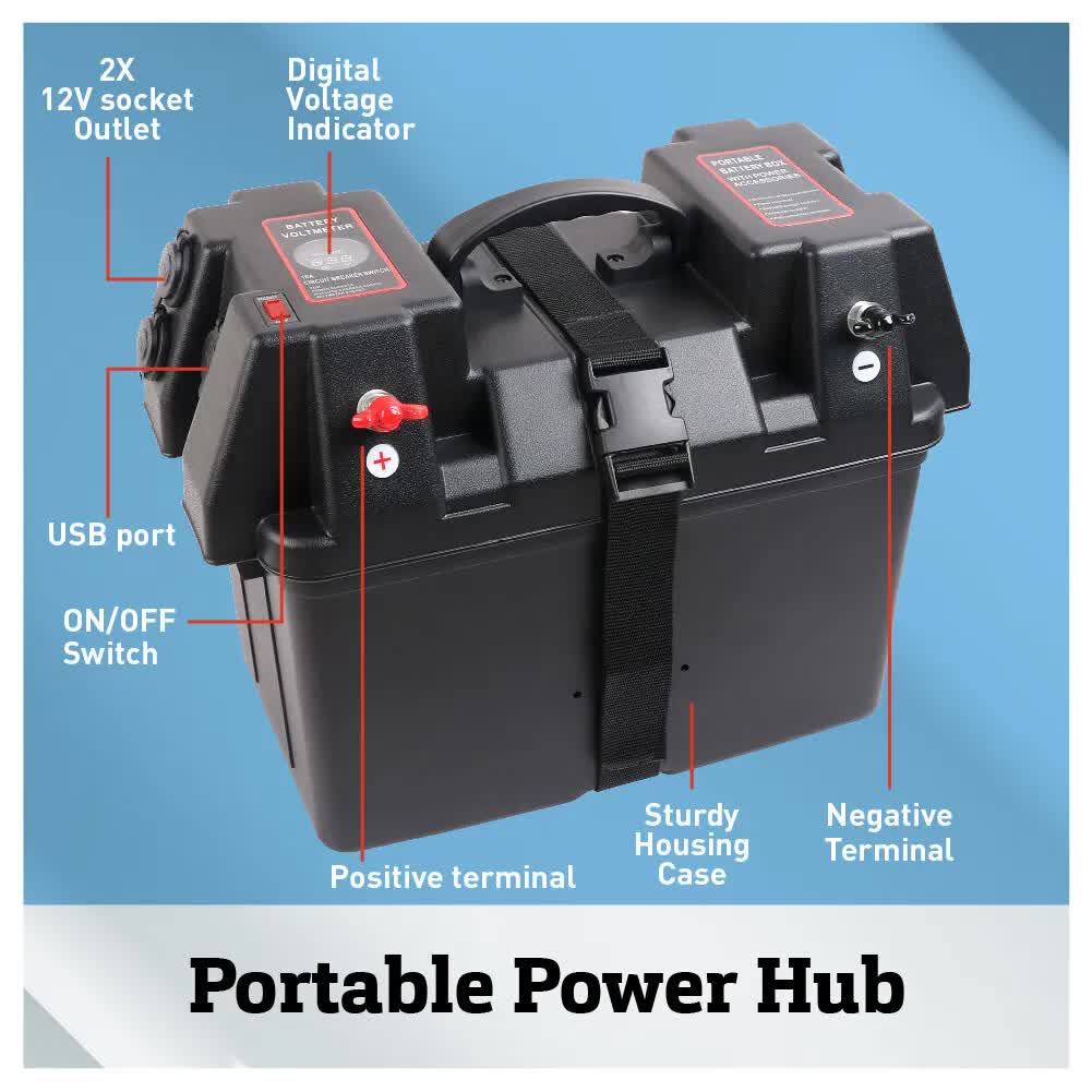 Batteries & Generators: 12V 100AH Deep Cycle Battery Box Portable Power Storage Marine Solar USB Camping