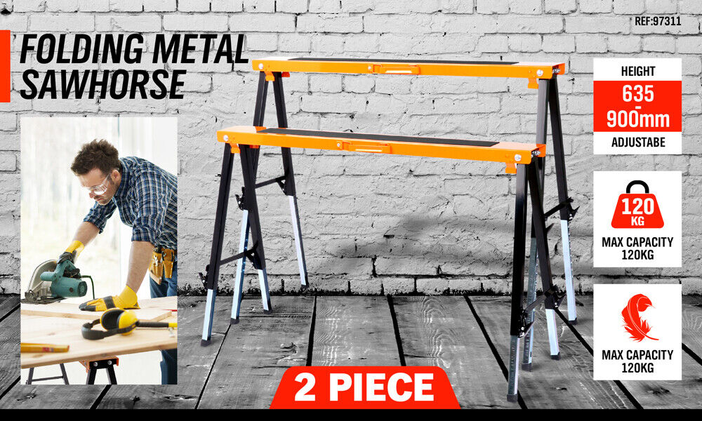 Kitchen & Bathroom DIY: 2Pc Mastercraft Sawhorse Metal Folding Non-slip Surface Saw Horse 120KG Capacity