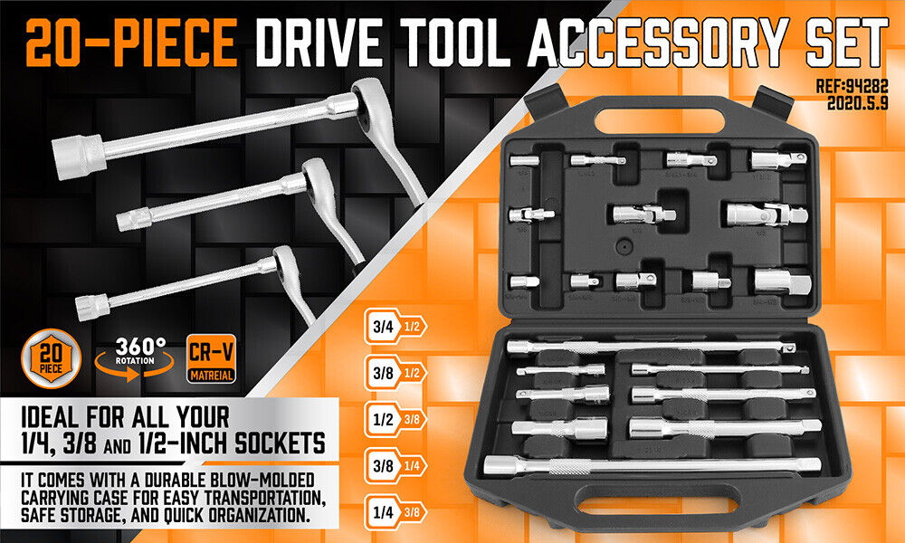 Automotive Repair & Speciality Tools: 20Pc Socket Extension & Adaptor Set Flexible Joint Reducer Combination Drive Kit