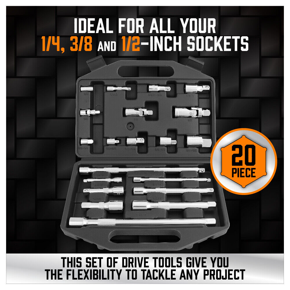 Automotive Repair & Speciality Tools: 20Pc Socket Extension & Adaptor Set Flexible Joint Reducer Combination Drive Kit