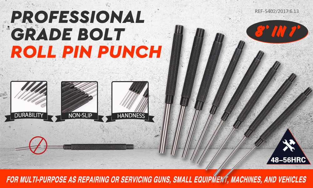 Hand Tools: 8Pc Heavy Duty Long Pin Punch Set 2.4 to 10mm Drift Roll Nail Steel Flat End New