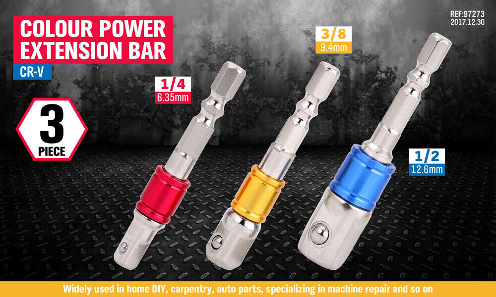 Automotive Repair & Speciality Tools: 3Pc Socket Bit Adaptor Set Drill Nut Driver Power Extension Bars 1/4" 3/8" 1/2"