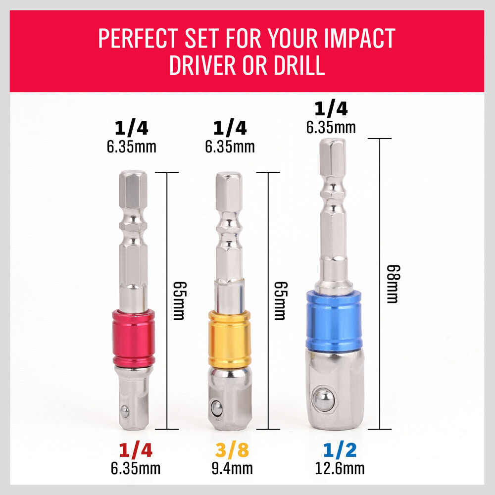 Automotive Repair & Speciality Tools: 3Pc Socket Bit Adaptor Set Drill Nut Driver Power Extension Bars 1/4" 3/8" 1/2"