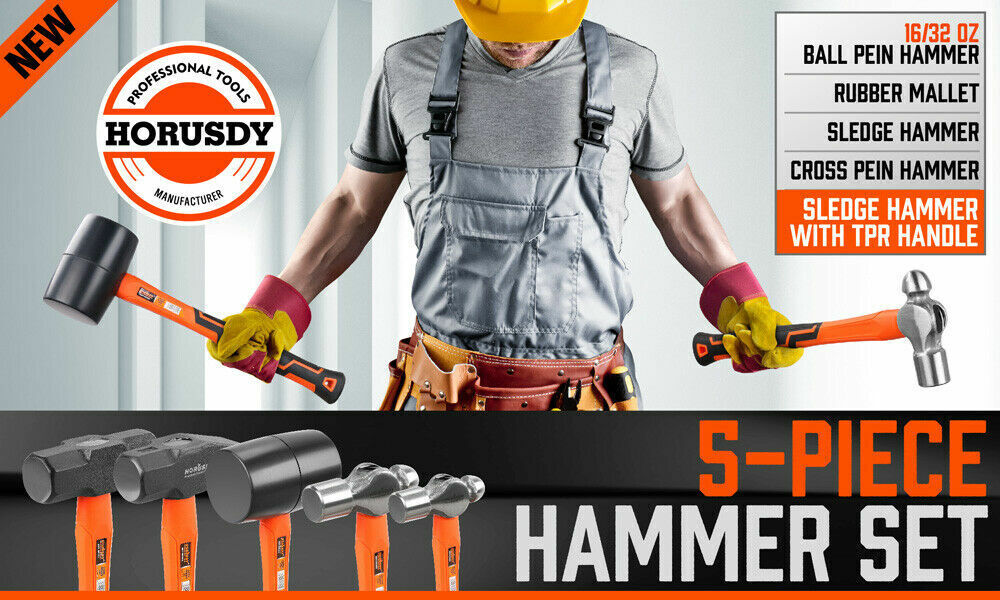Hammers: 5Pc Hammer Set Rubber / Ball Pein / Sledge / Cross Pein Mallet TPR Grip Handle