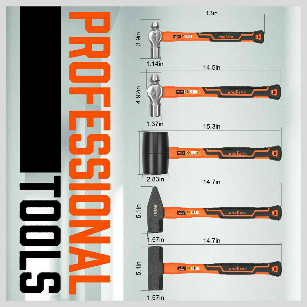Hammers: 5Pc Hammer Set Rubber / Ball Pein / Sledge / Cross Pein Mallet TPR Grip Handle